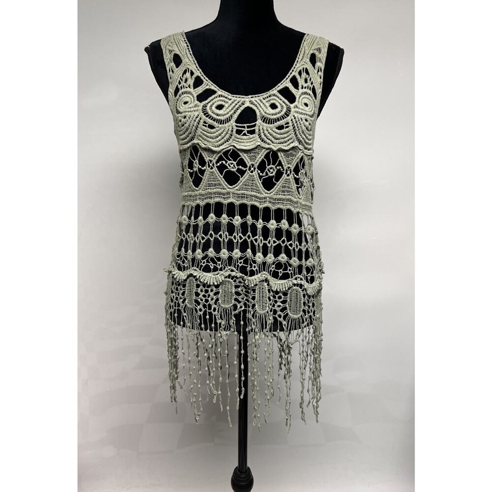 Olive Green Crochet Knit Tank Long Small Boho Festival Hippie Whimsigoth Beach